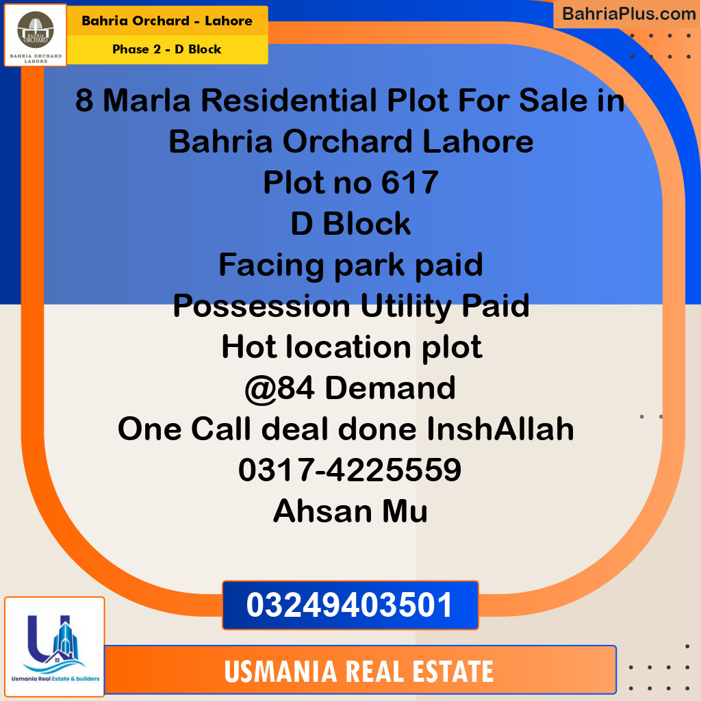 8 Marla Residential Plot for Sale in Phase 2 - D Block -  Bahria Orchard, Lahore - (BP-234174)