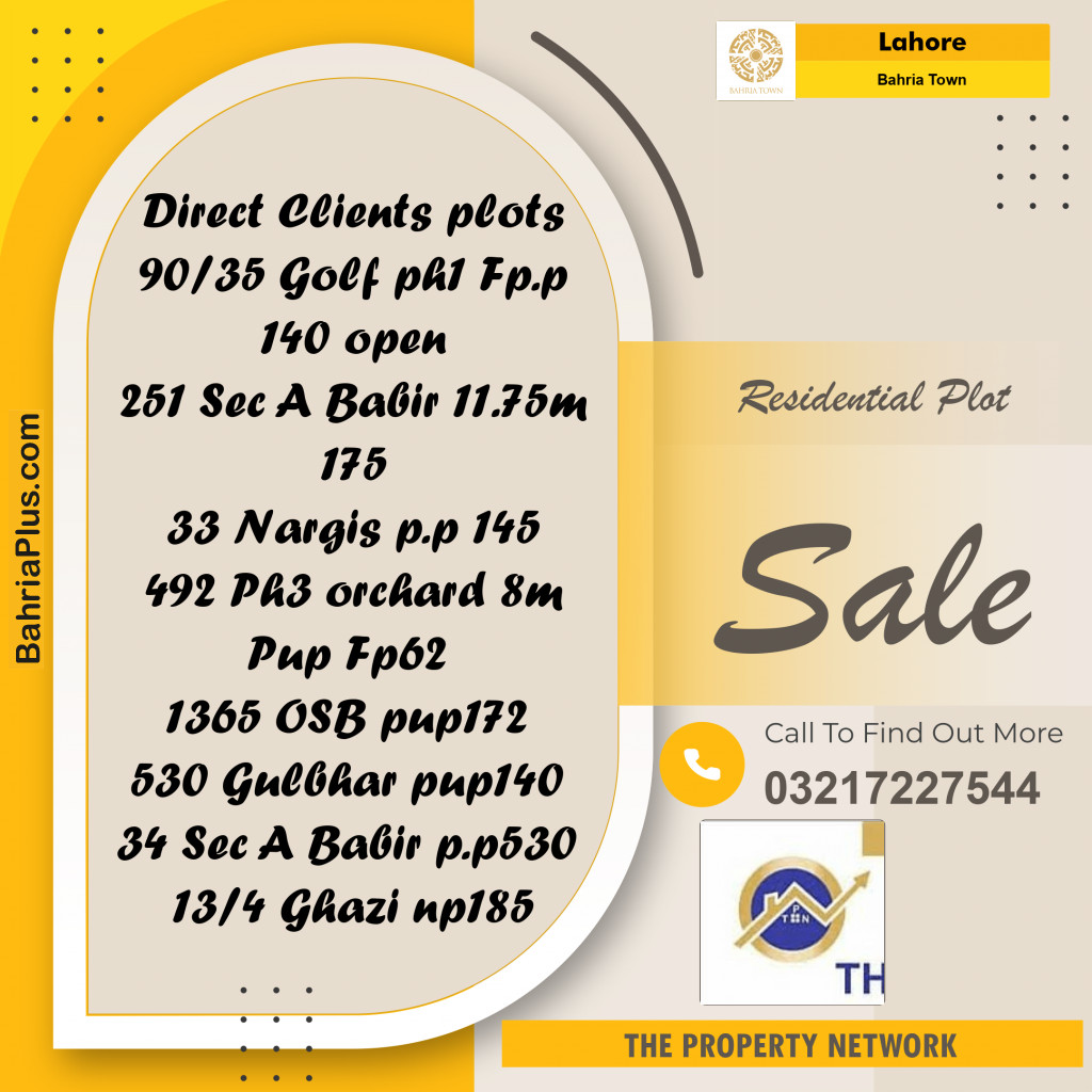 10 Marla Residential Plot for Sale in Bahria Town, Lahore - (BP-234220)
