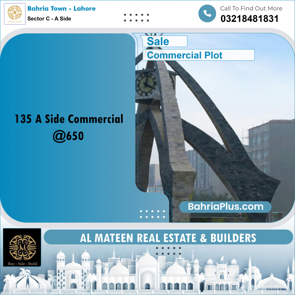 5 Marla Commercial Plot for Sale in Sector C - A Side -  Bahria Town, Lahore - (BP-234405)