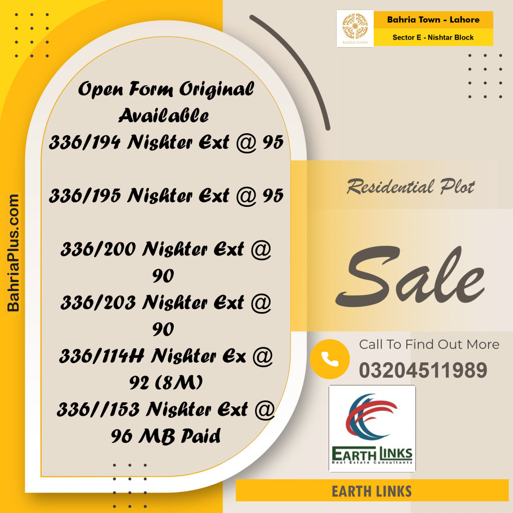 5 Marla Residential Plot for Sale in Sector E - Nishtar Block -  Bahria Town, Lahore - (BP-234492)