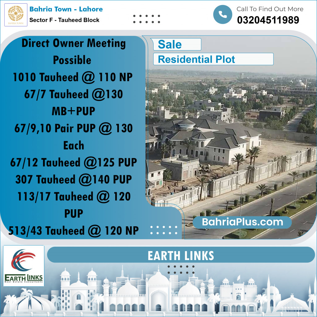 10 Marla Residential Plot for Sale in Sector F - Tauheed Block -  Bahria Town, Lahore - (BP-234495)