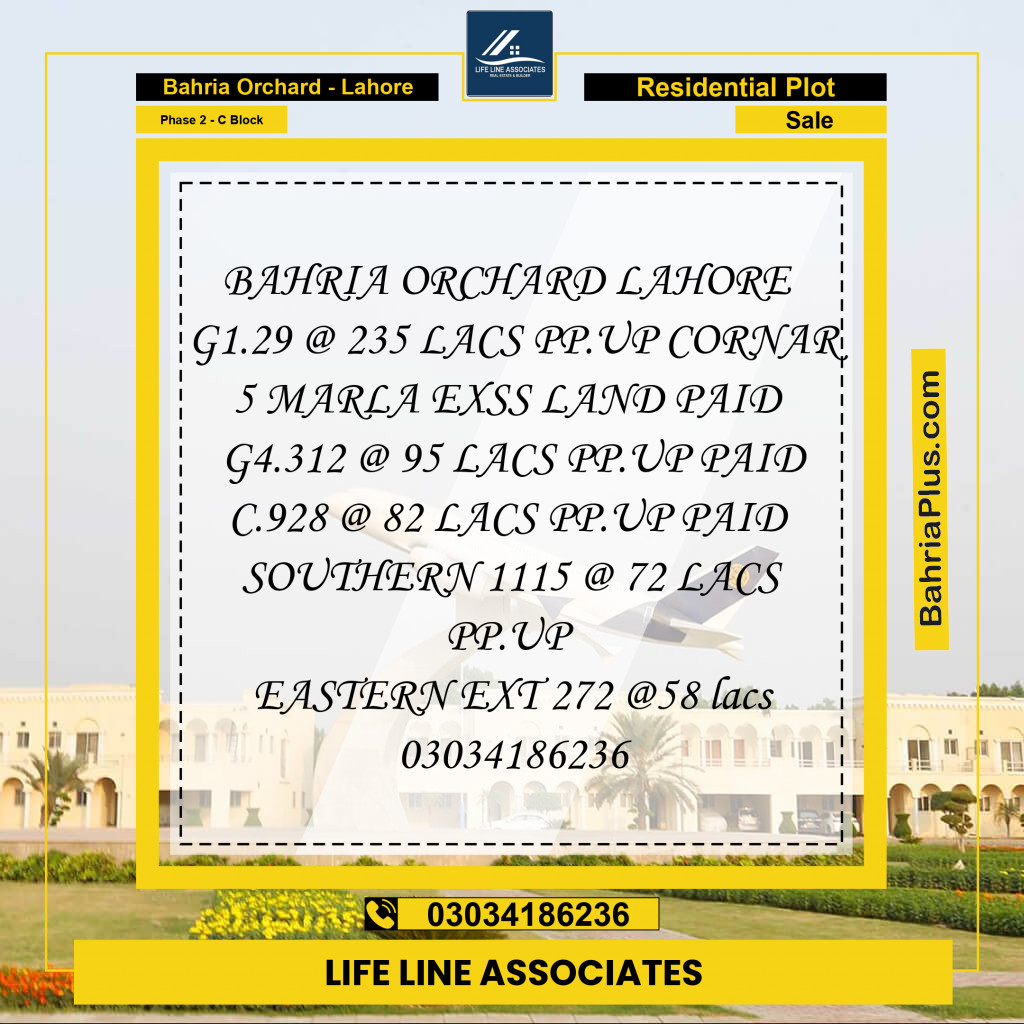 8 Marla Residential Plot for Sale in Phase 2 - C Block -  Bahria Orchard, Lahore - (BP-234500)