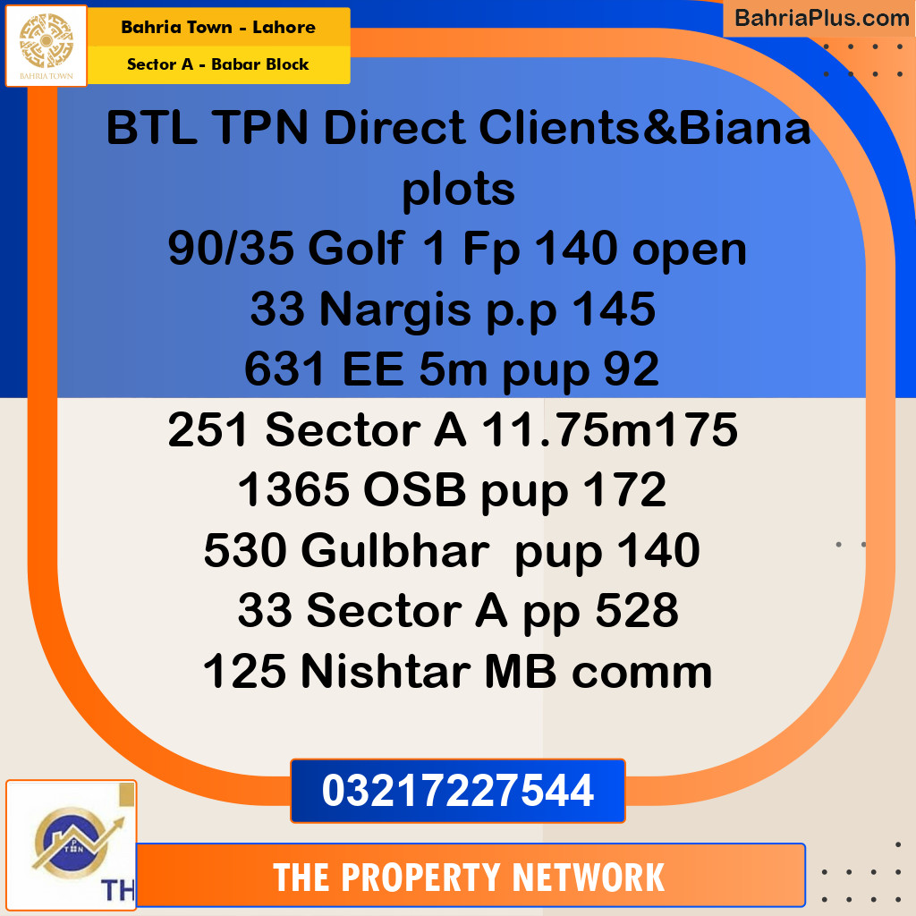 2 Kanal Residential Plot for Sale in Sector A - Babar Block -  Bahria Town, Lahore - (BP-234540)