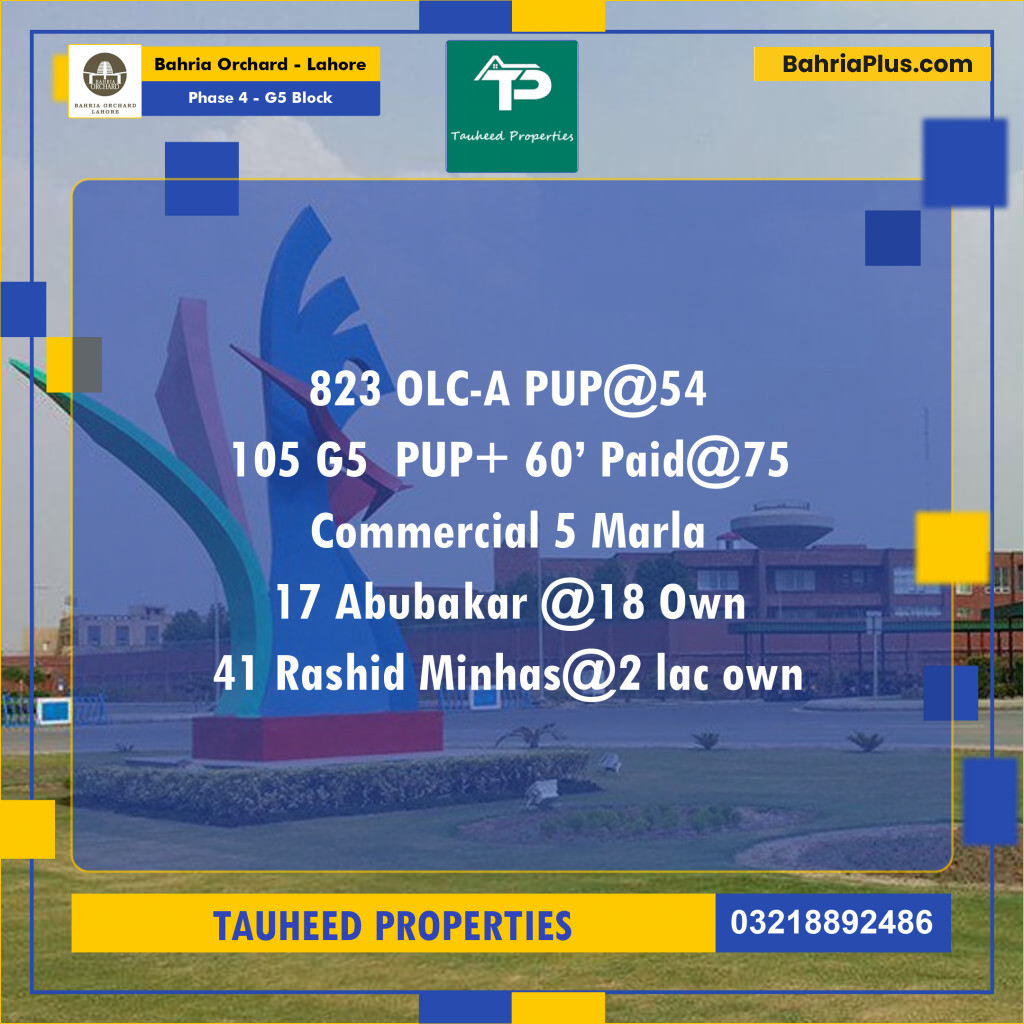 10 Marla Residential Plot for Sale in Phase 4 - G5 Block -  Bahria Orchard, Lahore - (BP-234790)