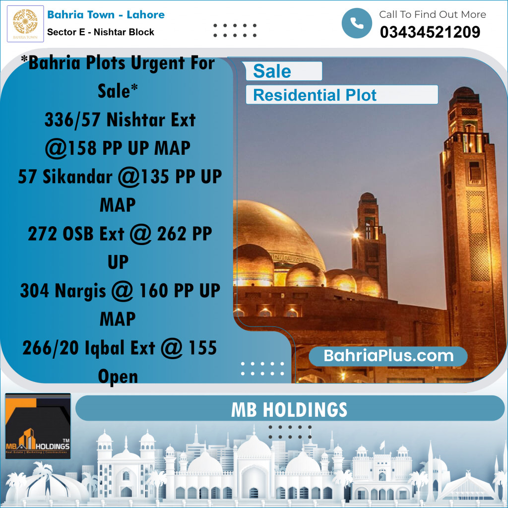 10 Marla Residential Plot for Sale in Sector E - Nishtar Block -  Bahria Town, Lahore - (BP-234866)
