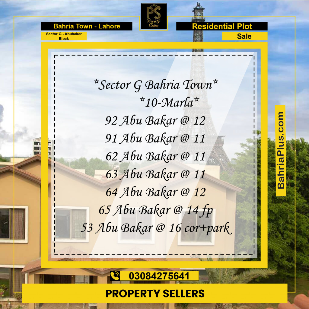 10 Marla Residential Plot for Sale in Sector G - Abubakar Block -  Bahria Town, Lahore - (BP-234881)