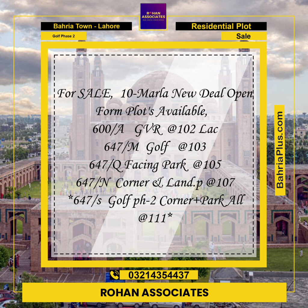 10 Marla Residential Plot for Sale in Golf Phase 2 -  Bahria Town, Lahore - (BP-235136)