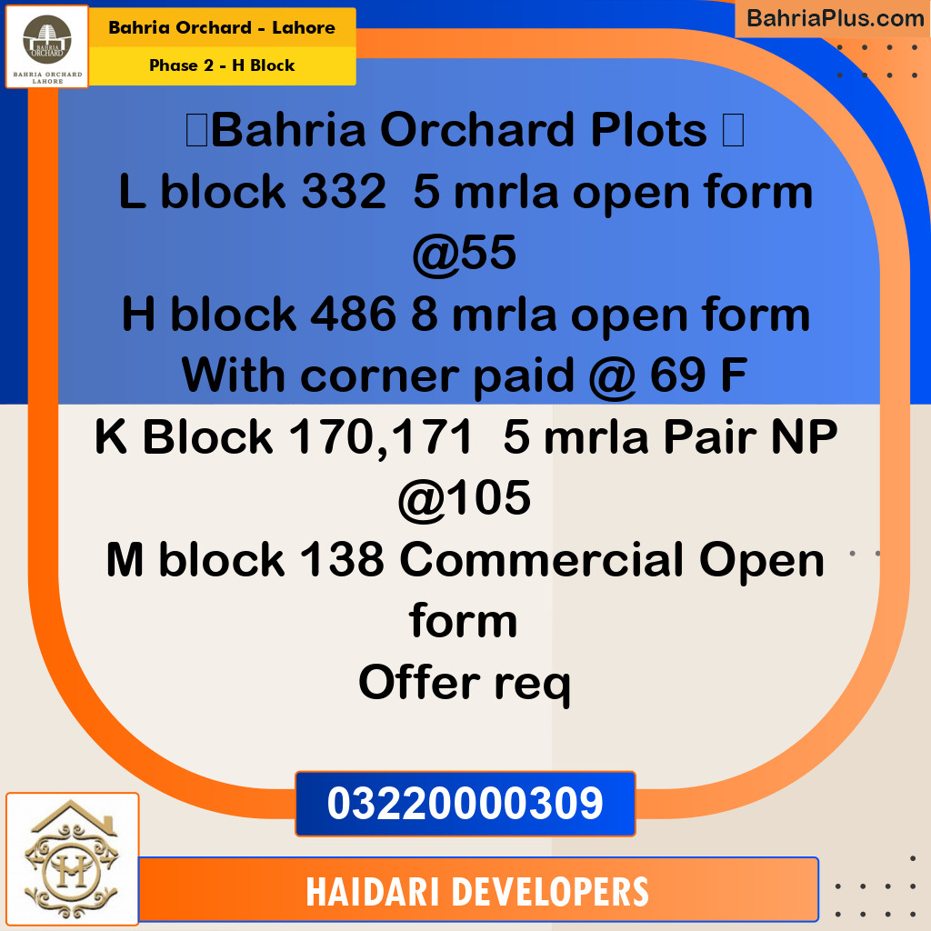 8 Marla Residential Plot for Sale in Phase 2 - H Block -  Bahria Orchard, Lahore - (BP-235356)