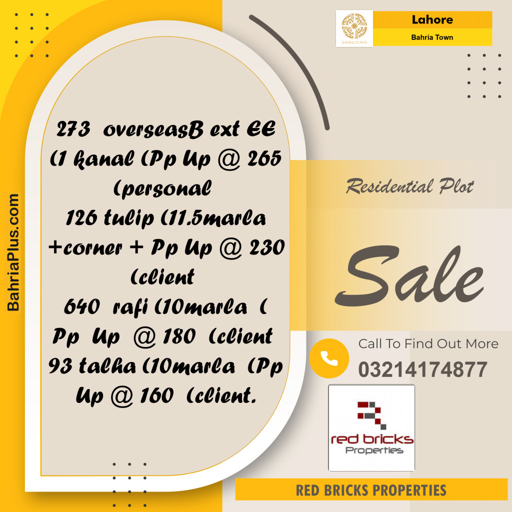 Residential Plot for Sale in Bahria Town, Lahore - (BP-235367)