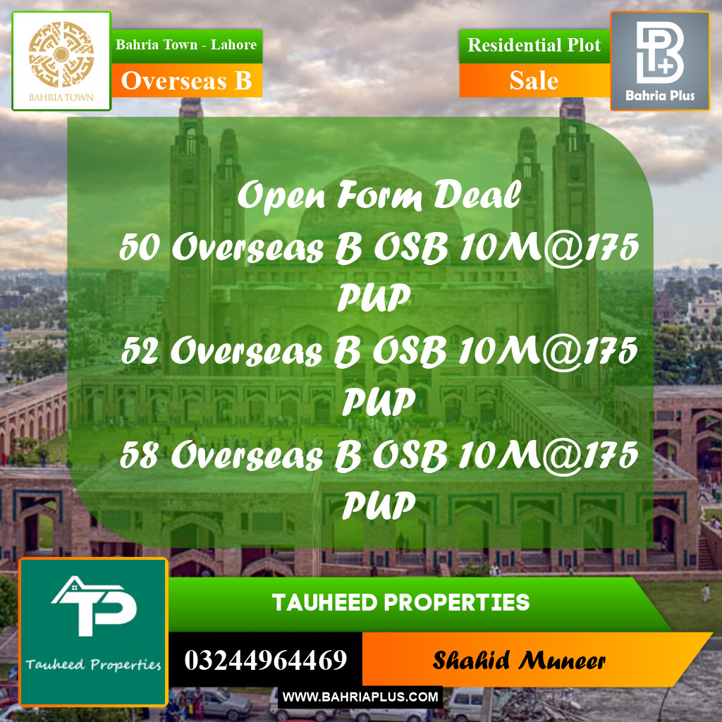10 Marla Residential Plot for Sale in Overseas B -  Bahria Town, Lahore - (BP-235416)