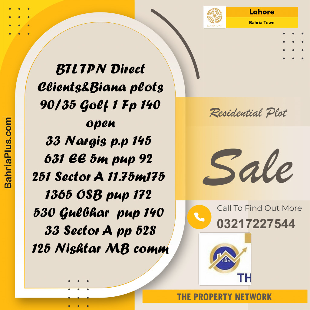 10 Marla Residential Plot for Sale in Bahria Town, Lahore - (BP-235418)
