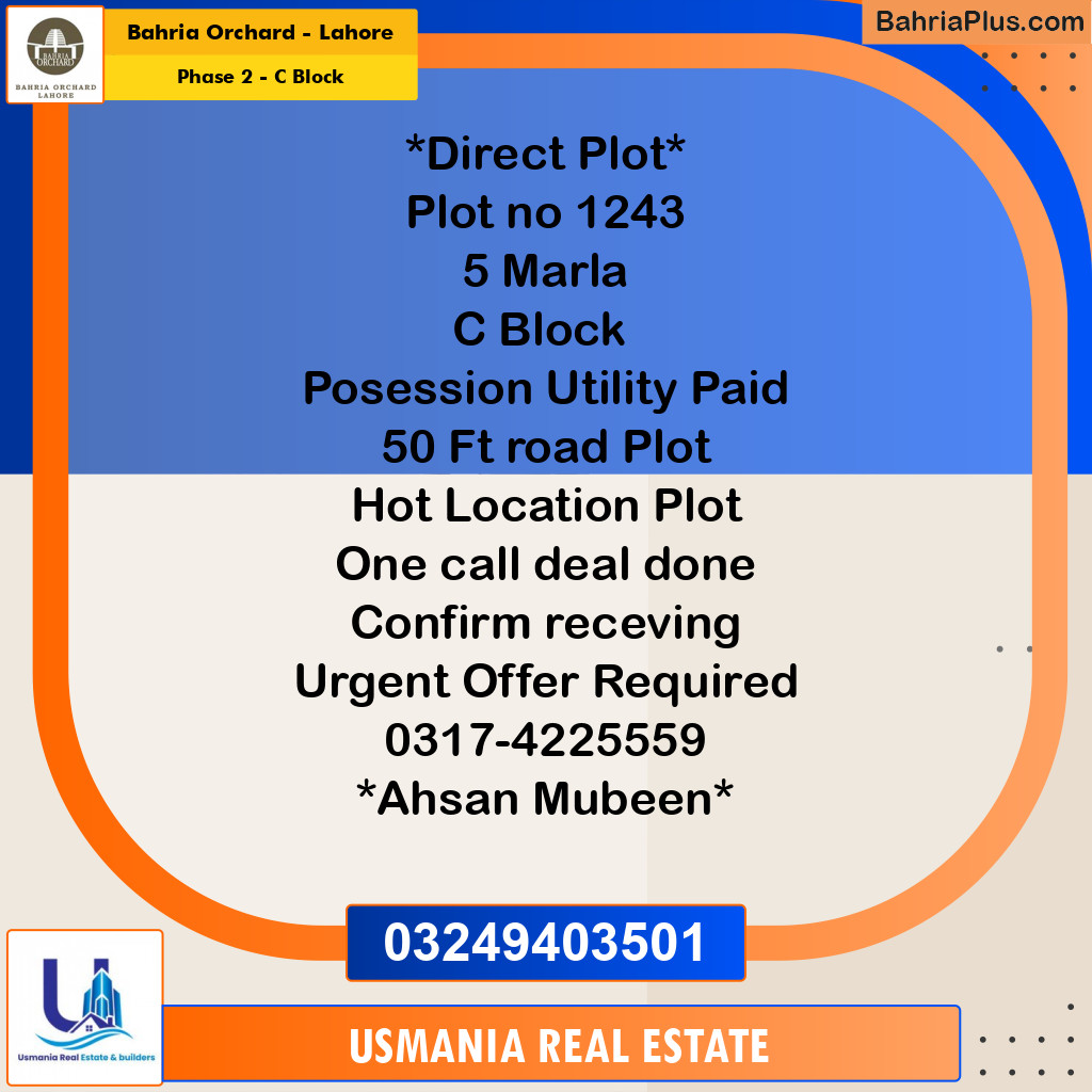 5 Marla Residential Plot for Sale in Phase 2 - C Block -  Bahria Orchard, Lahore - (BP-235513)