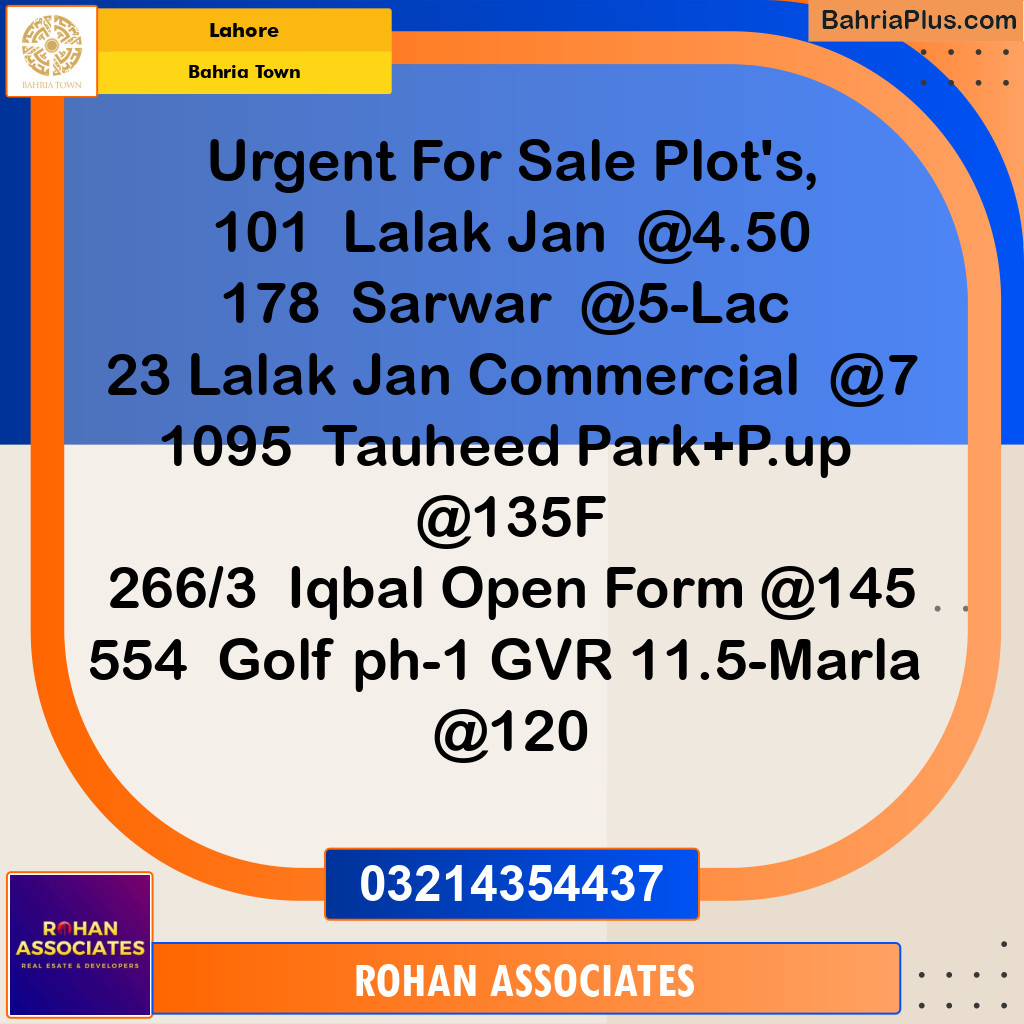 Residential Plot for Sale in Bahria Town, Lahore - (BP-235636)