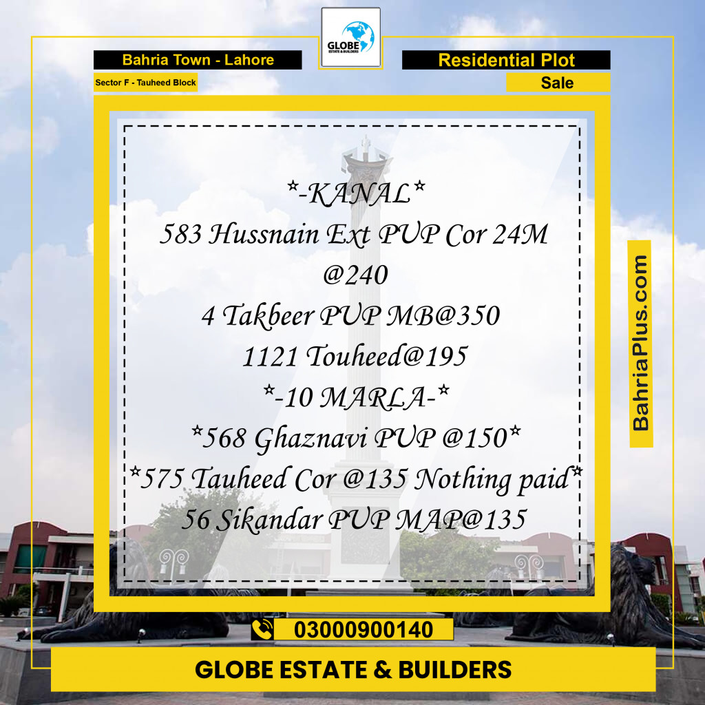 20 Marla Residential Plot for Sale in Sector F - Tauheed Block -  Bahria Town, Lahore - (BP-235809)
