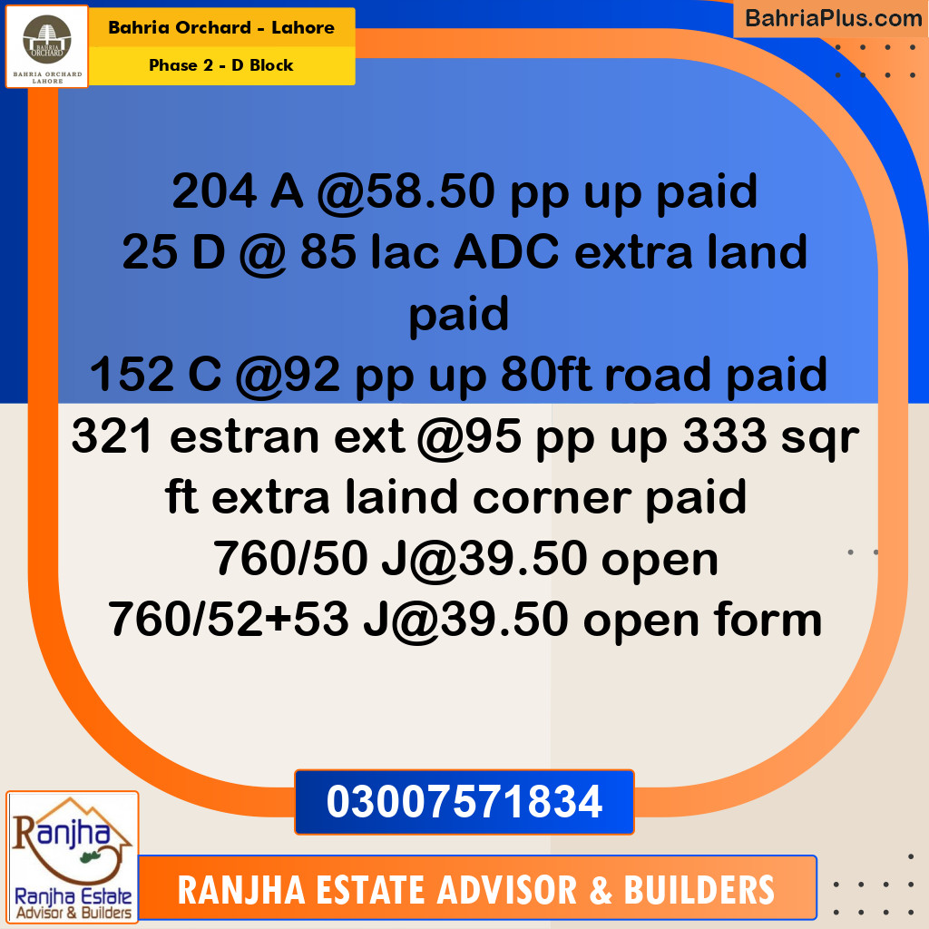 8 Marla Residential Plot for Sale in Phase 2 - D Block -  Bahria Orchard, Lahore - (BP-235924)