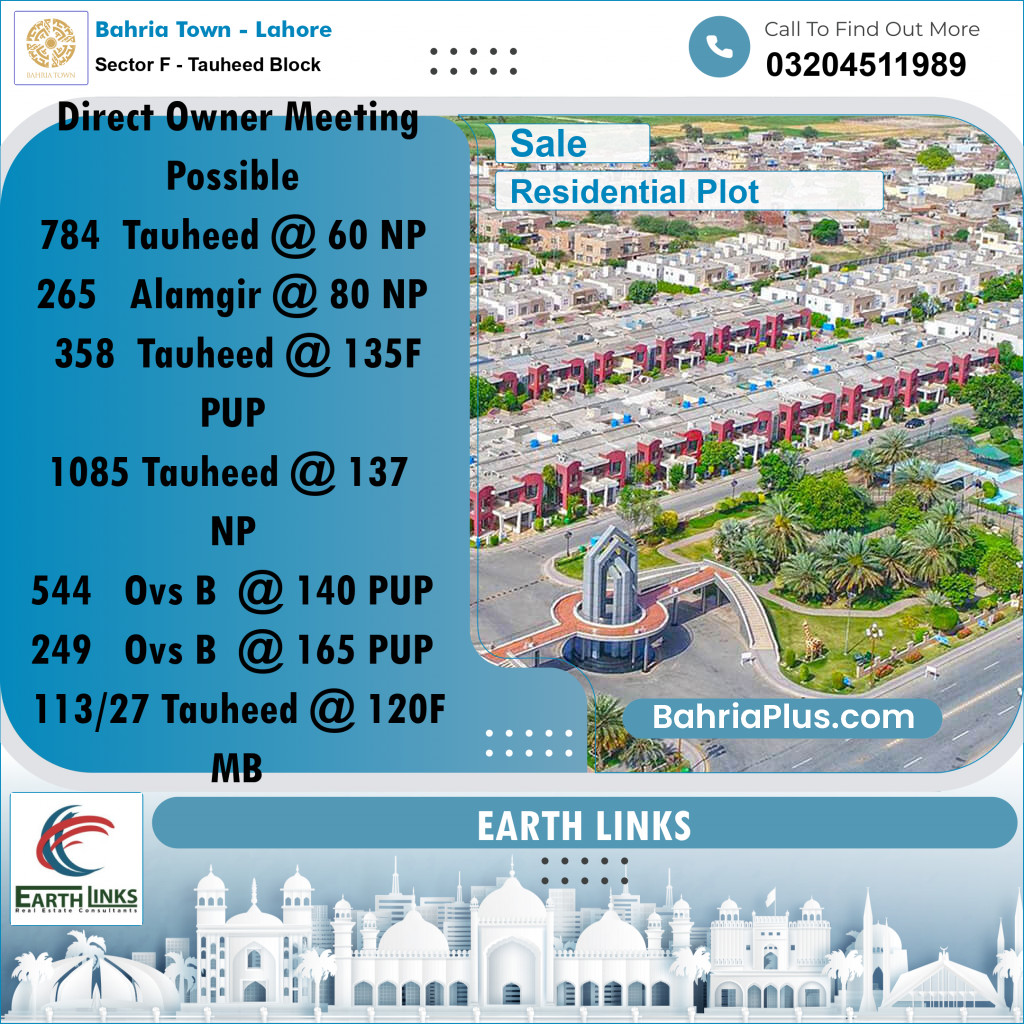 10 Marla Residential Plot for Sale in Sector F - Tauheed Block -  Bahria Town, Lahore - (BP-236203)