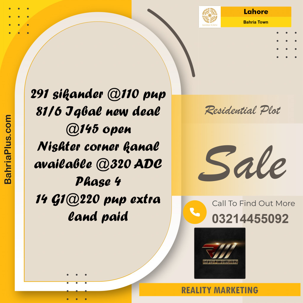 Residential Plot for Sale in Bahria Town, Lahore - (BP-236215)