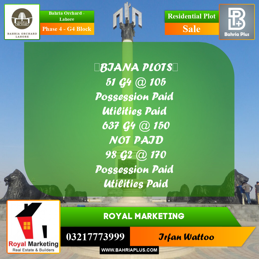 10 Marla Residential Plot for Sale in Phase 4 - G4 Block -  Bahria Orchard, Lahore - (BP-236351)