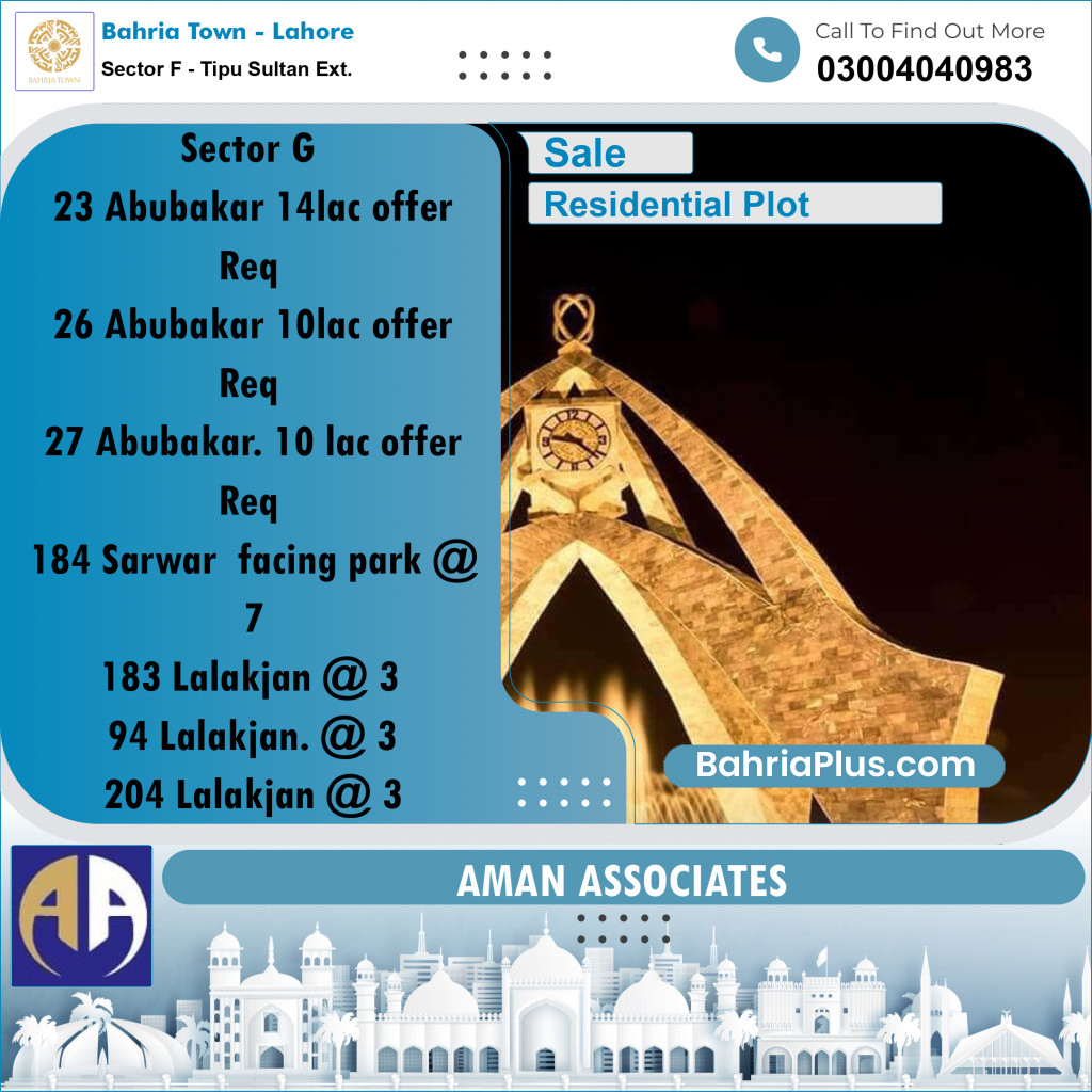 Residential Plot for Sale in Sector F - Tipu Sultan Ext. -  Bahria Town, Lahore - (BP-236394)