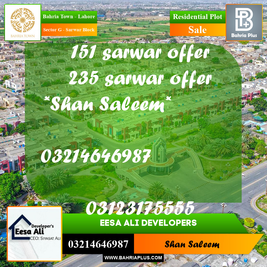 Residential Plot for Sale in Sector G - Sarwar Block -  Bahria Town, Lahore - (BP-236473)