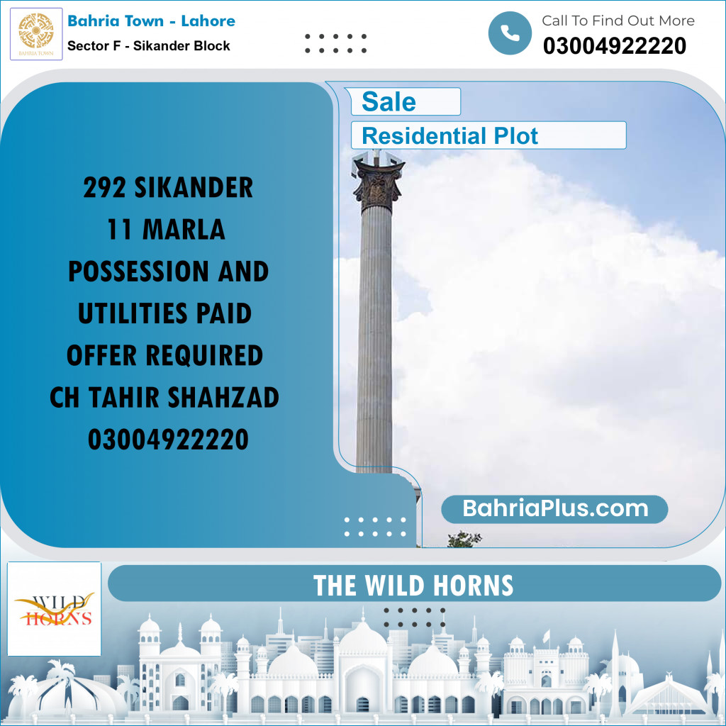 10 Marla Residential Plot for Sale in Sector F - Sikander Block -  Bahria Town, Lahore - (BP-237035)