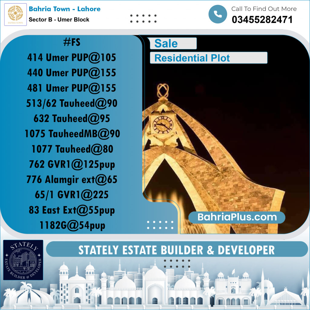 Residential Plot for Sale in Sector B - Umer Block -  Bahria Town, Lahore - (BP-237114)