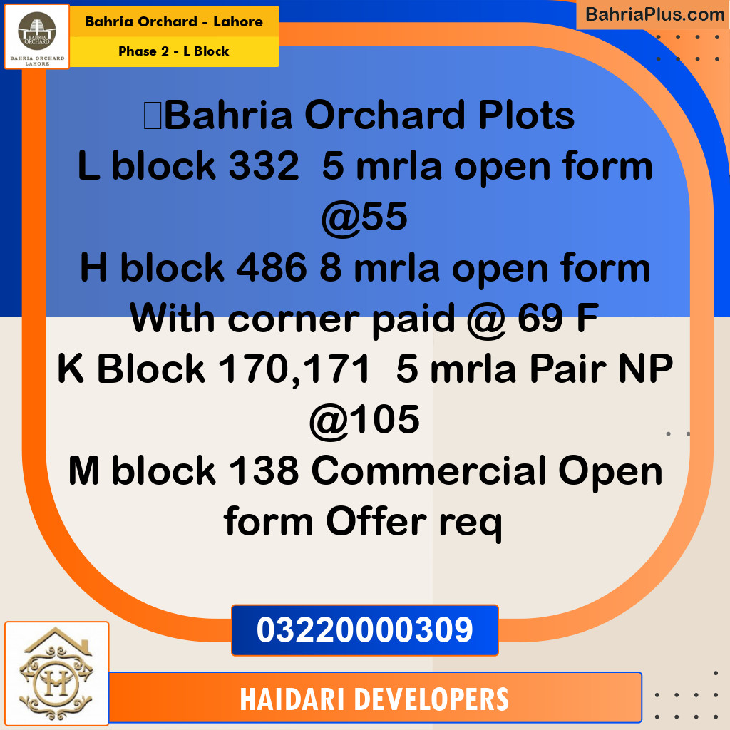 5 Marla Residential Plot for Sale in Phase 2 - L Block -  Bahria Orchard, Lahore - (BP-237181)