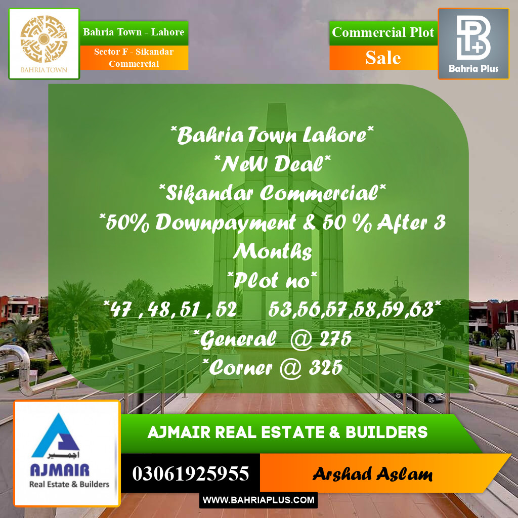 Commercial Plot for Sale in Sector F - Sikandar Commercial -  Bahria Town, Lahore - (BP-237231)
