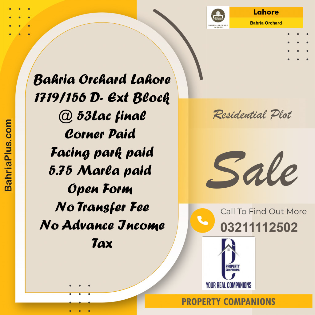 Residential Plot for Sale in Bahria Orchard, Lahore - (BP-237232)