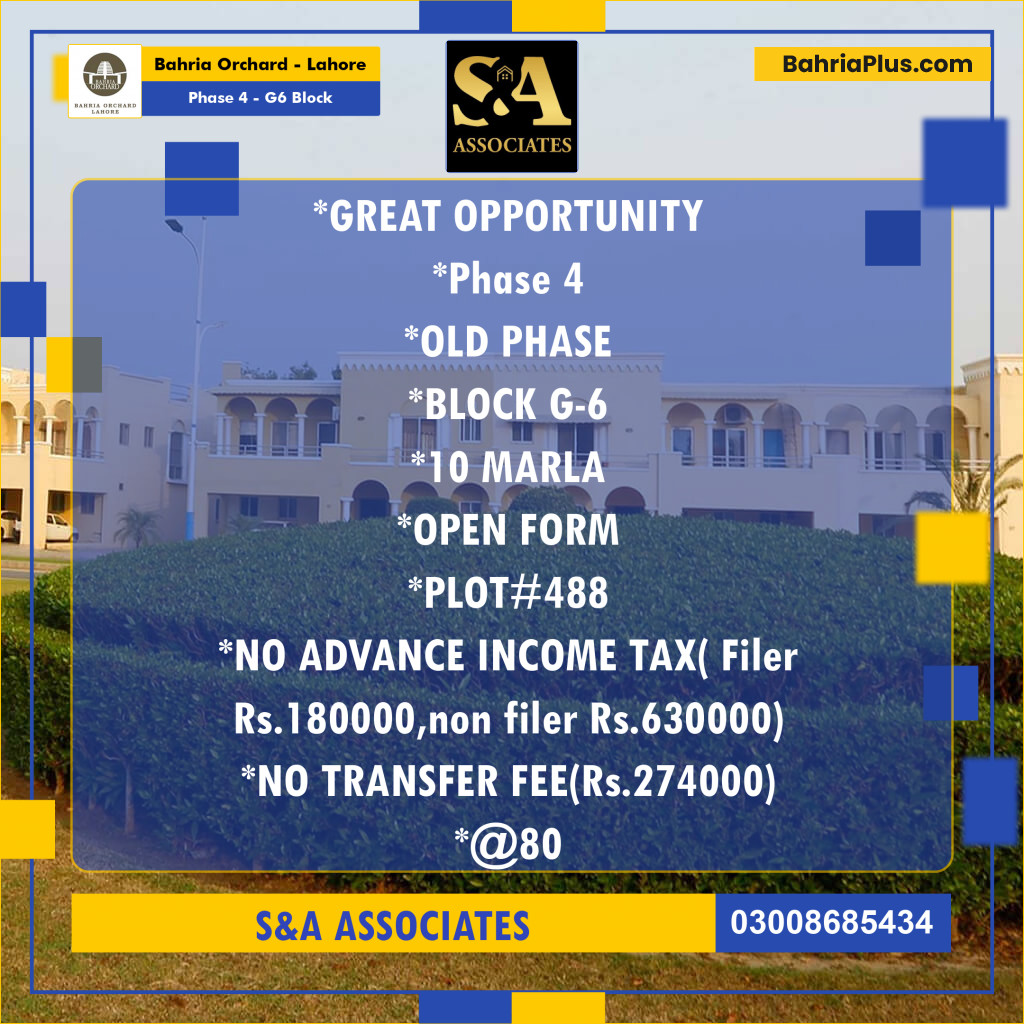 10 Marla Residential Plot for Sale in Phase 4 - G6 Block -  Bahria Orchard, Lahore - (BP-237502)