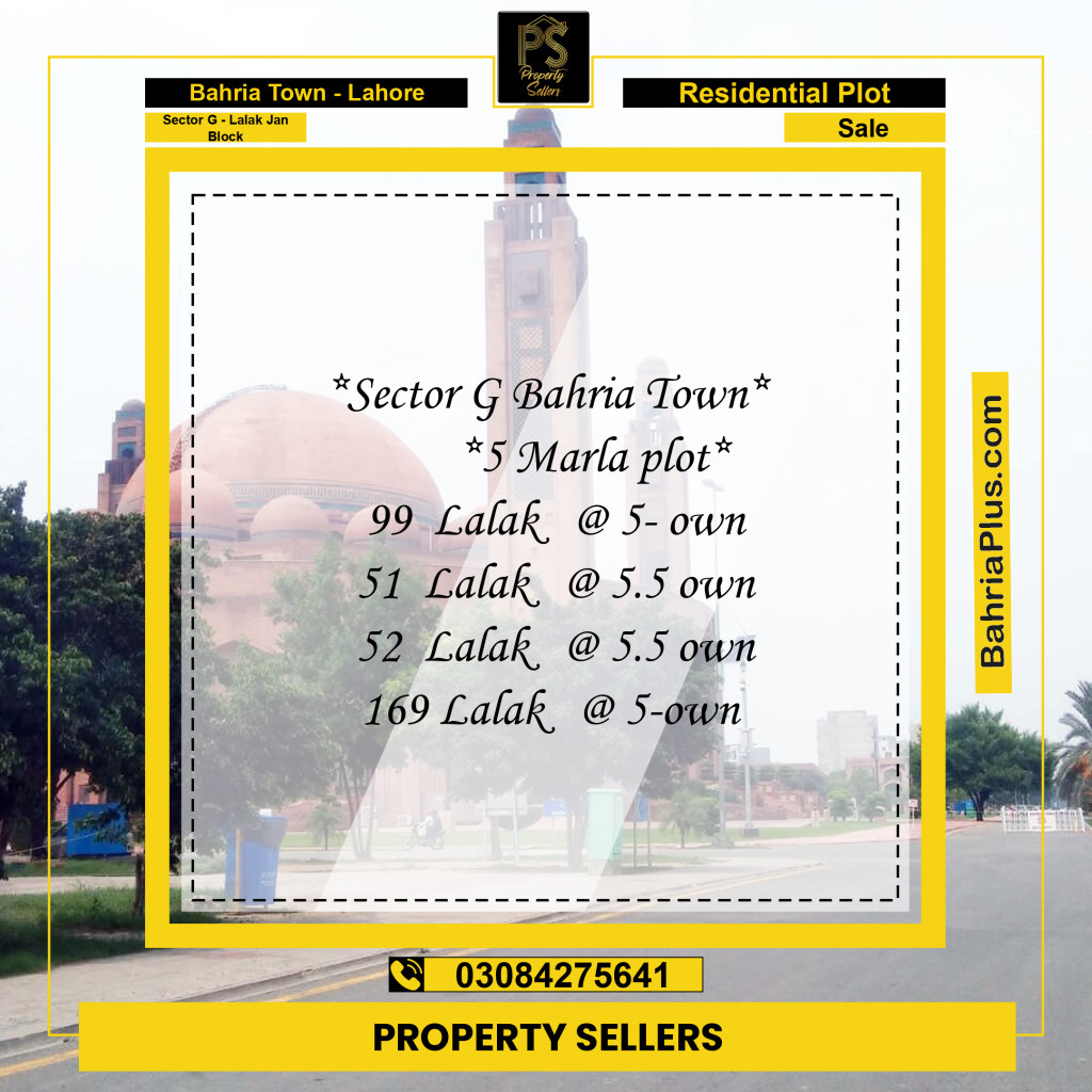5 Marla Residential Plot for Sale in Sector G - Lalak Jan Block -  Bahria Town, Lahore - (BP-237776)