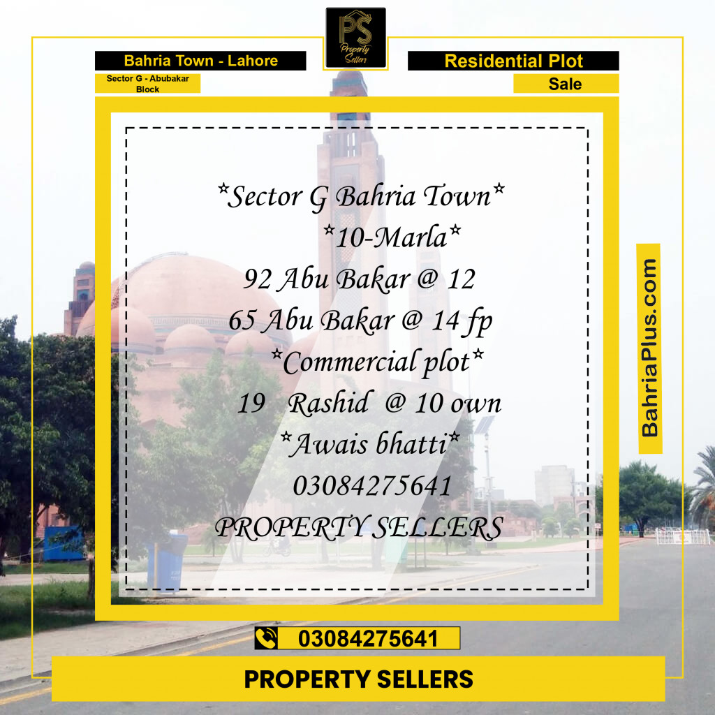 10 Marla Residential Plot for Sale in Sector G - Abubakar Block -  Bahria Town, Lahore - (BP-237777)