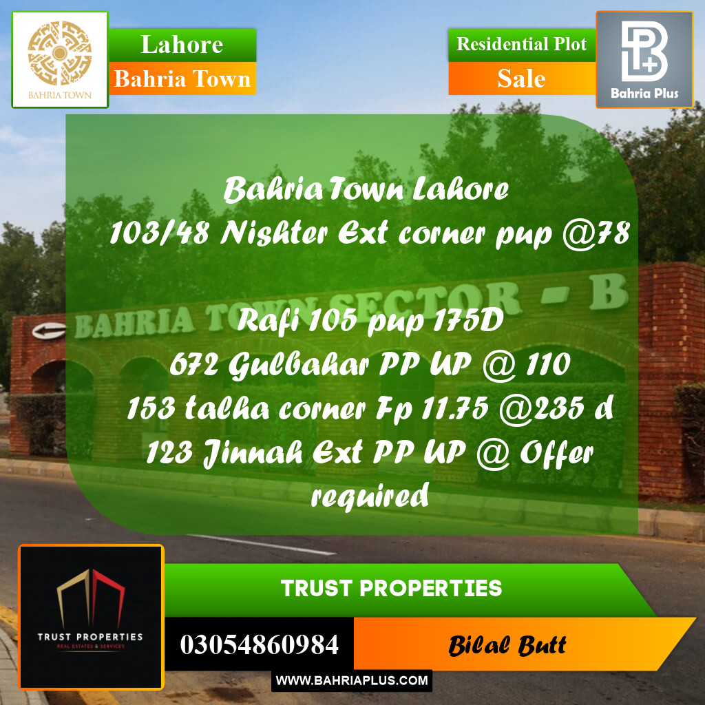 Residential Plot for Sale in Bahria Town, Lahore - (BP-237785)