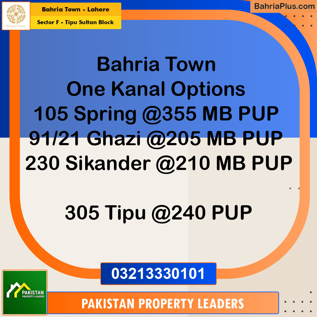 1 Kanal Residential Plot for Sale in Sector F - Tipu Sultan Block -  Bahria Town, Lahore - (BP-237851)