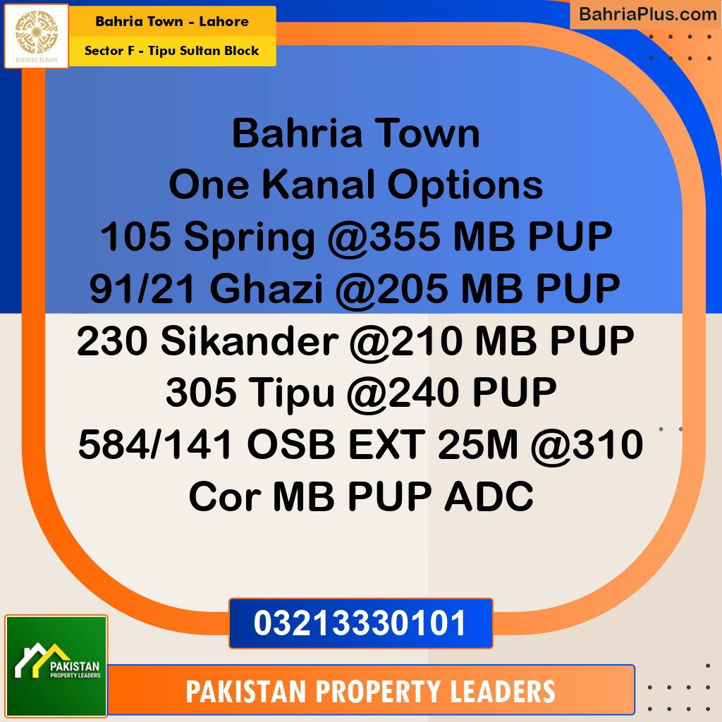 1 Kanal Residential Plot for Sale in Sector F - Tipu Sultan Block -  Bahria Town, Lahore - (BP-237897)