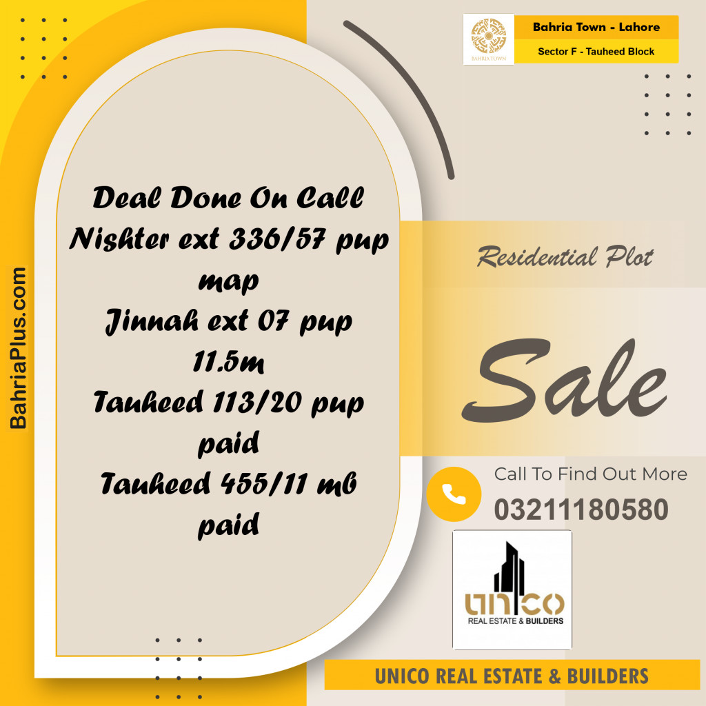 10 Marla Residential Plot for Sale in Sector F - Tauheed Block -  Bahria Town, Lahore - (BP-238011)