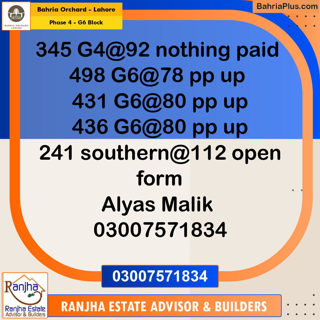 10 Marla Residential Plot for Sale in Phase 4 - G6 Block -  Bahria Orchard, Lahore - (BP-238128)