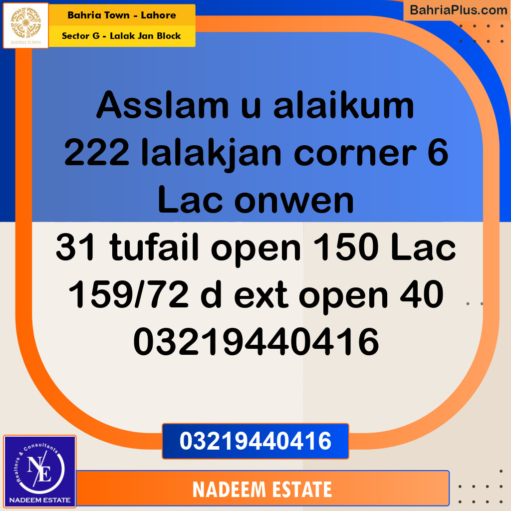 Residential Plot for Sale in Sector G - Lalak Jan Block -  Bahria Town, Lahore - (BP-238218)