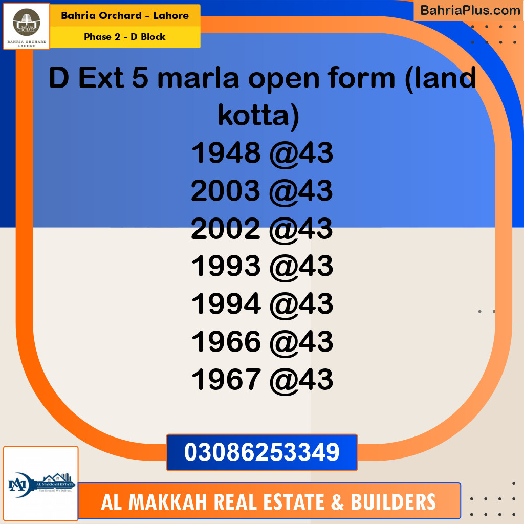 5 Marla Residential Plot for Sale in Phase 2 - D Block -  Bahria Orchard, Lahore - (BP-238256)
