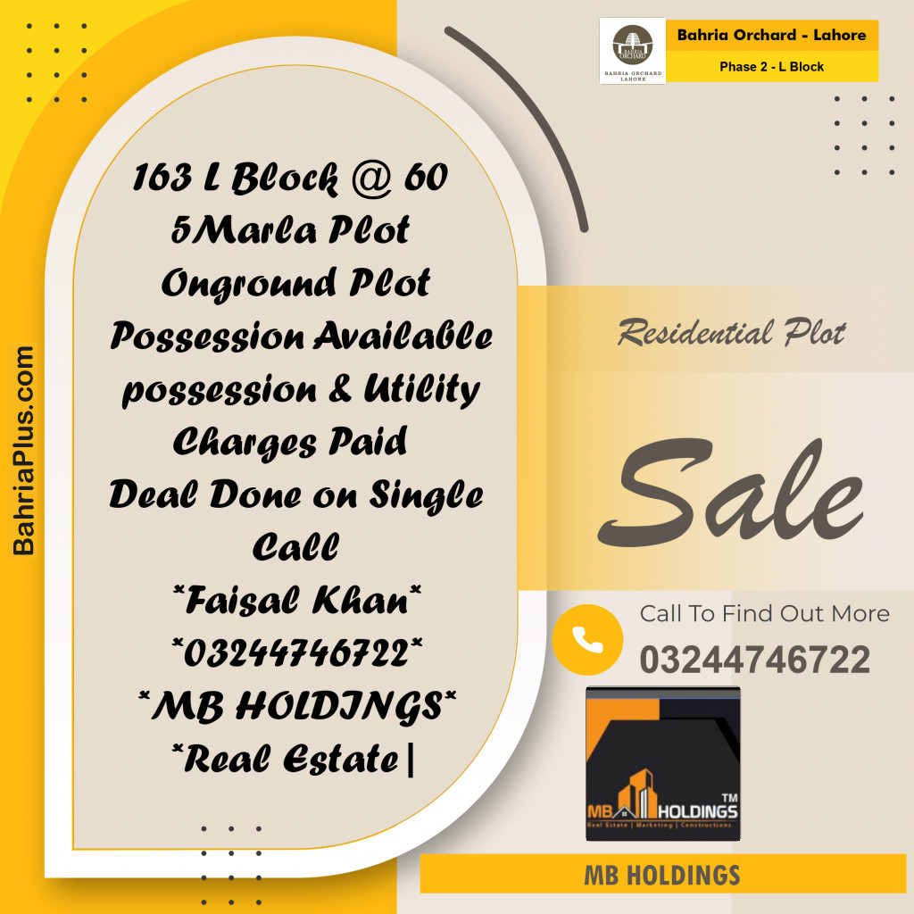5 Marla Residential Plot for Sale in Phase 2 - L Block -  Bahria Orchard, Lahore - (BP-238269)
