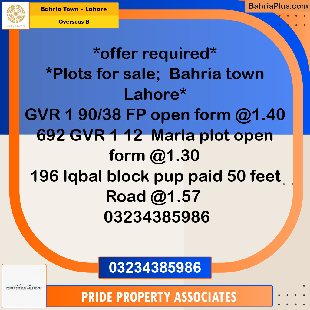 10 Marla Residential Plot for Sale in Overseas B -  Bahria Town, Lahore - (BP-238374)