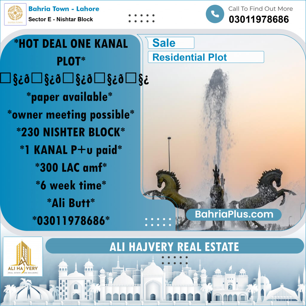 1 Kanal Residential Plot for Sale in Sector E - Nishtar Block -  Bahria Town, Lahore - (BP-238405)