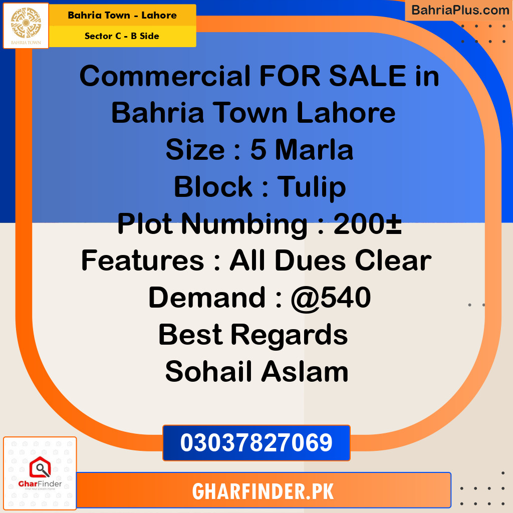 5 Marla Commercial Plot for Sale in Sector C - B Side -  Bahria Town, Lahore - (BP-238435)