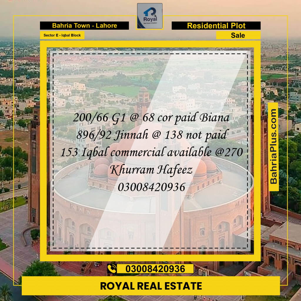 5 Marla Residential Plot for Sale in Sector E - Iqbal Block -  Bahria Town, Lahore - (BP-238508)