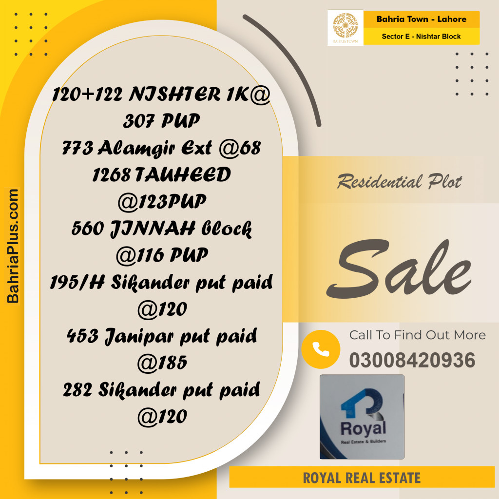 20 Marla Residential Plot for Sale in Sector E - Nishtar Block -  Bahria Town, Lahore - (BP-238511)