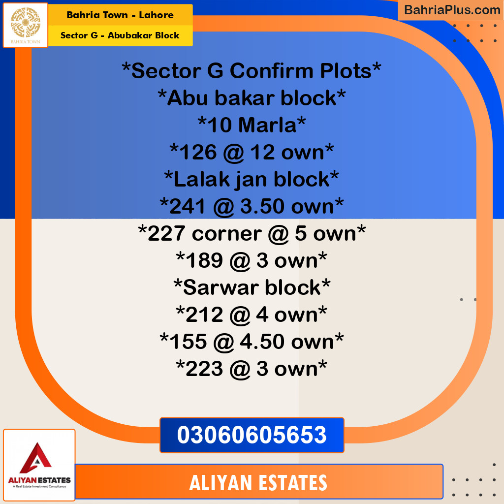 Residential Plot for Sale in Sector G - Abubakar Block -  Bahria Town, Lahore - (BP-238536)