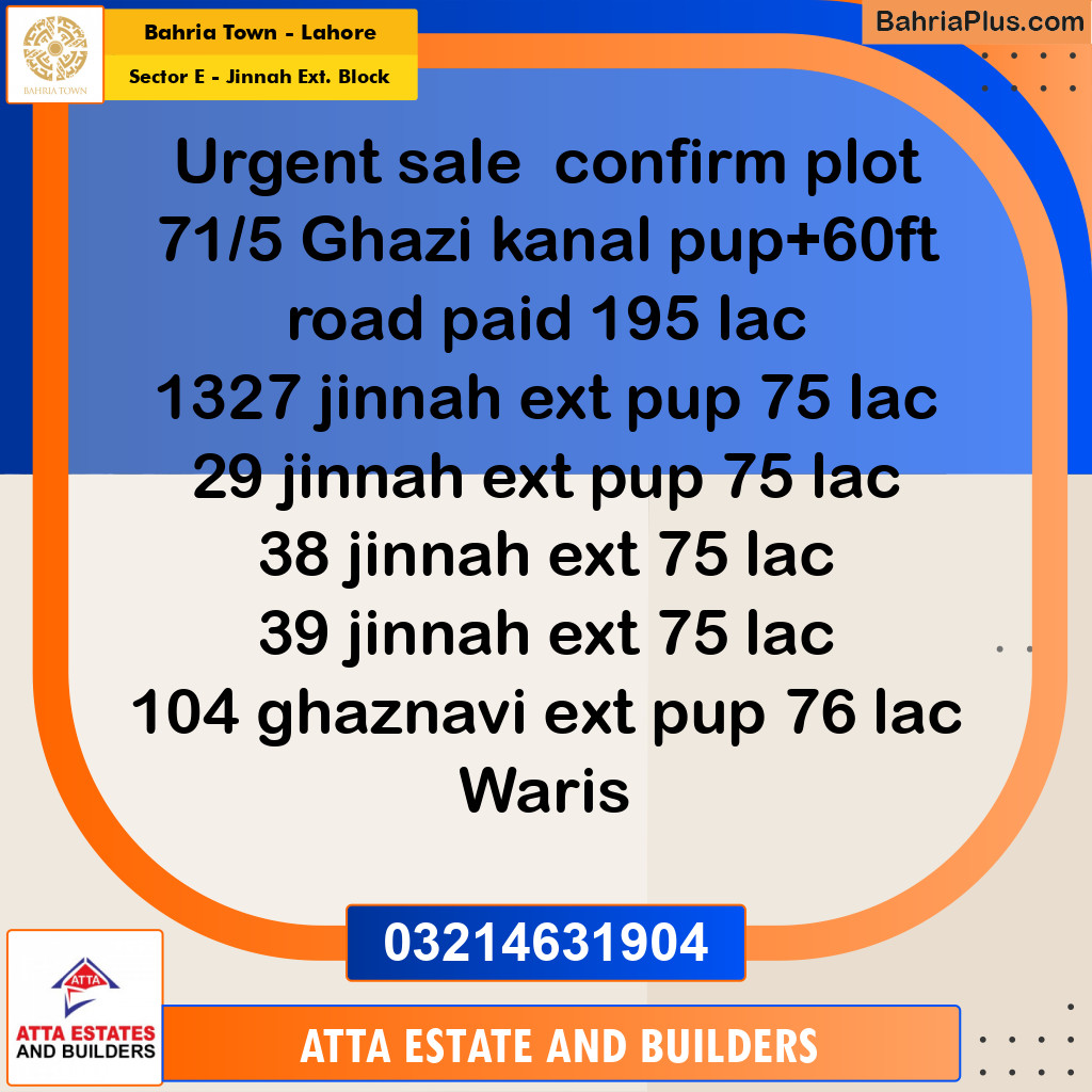 5 Marla Residential Plot for Sale in Sector E - Jinnah Ext. Block -  Bahria Town, Lahore - (BP-238633)