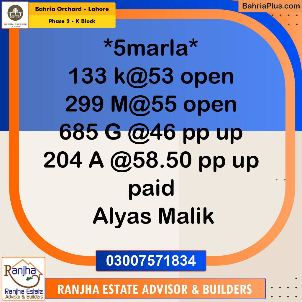 5 Marla Residential Plot for Sale in Phase 2 - K Block -  Bahria Orchard, Lahore - (BP-238690)