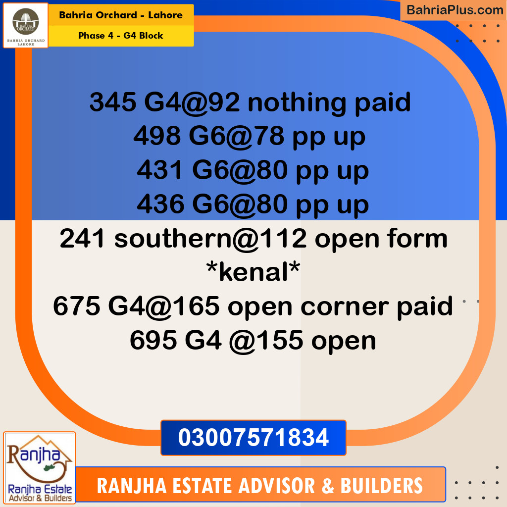 1 Kanal Residential Plot for Sale in Phase 4 - G4 Block -  Bahria Orchard, Lahore - (BP-238694)