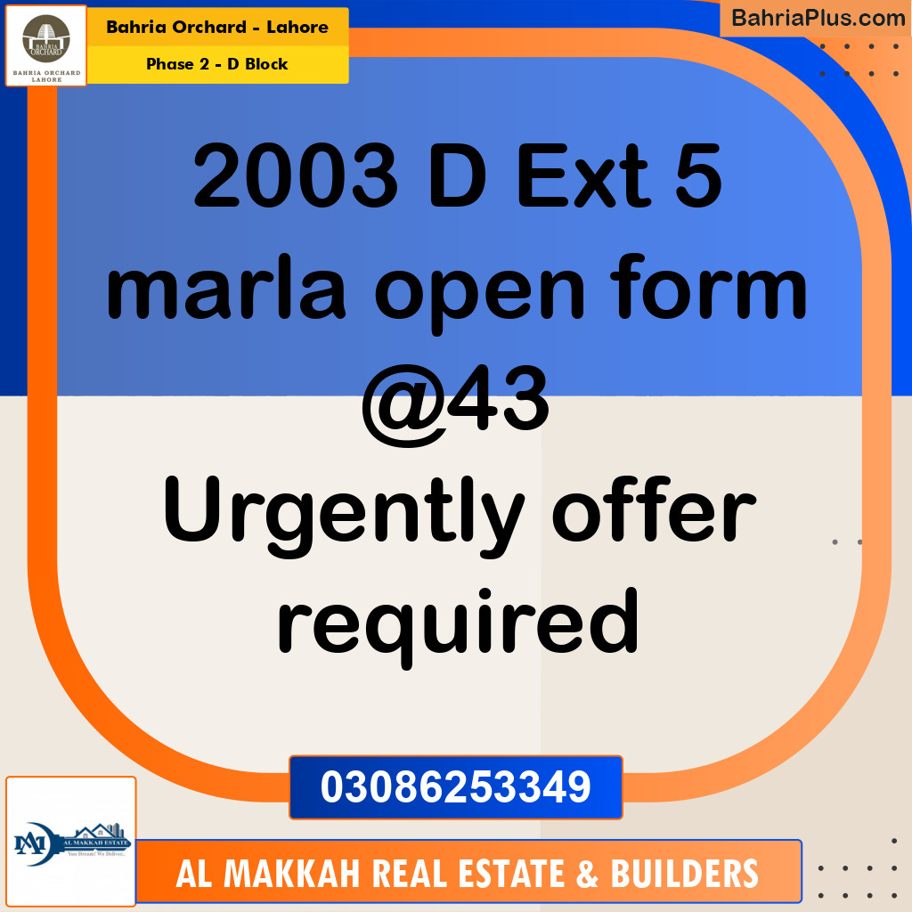 5 Marla Residential Plot for Sale in Phase 2 - D Block -  Bahria Orchard, Lahore - (BP-238842)